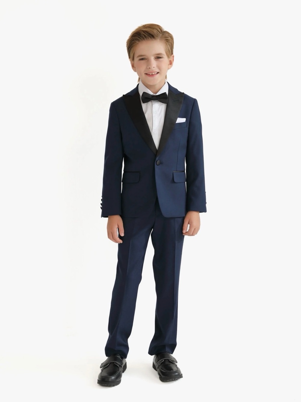 Boys Navy Formal Suit with Peak Black Satin Lapel